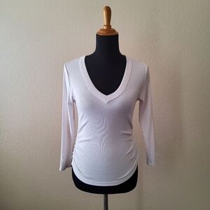 Michael Stars Ribbed V-Neck Long Sleeve Ruched Top Size S White New